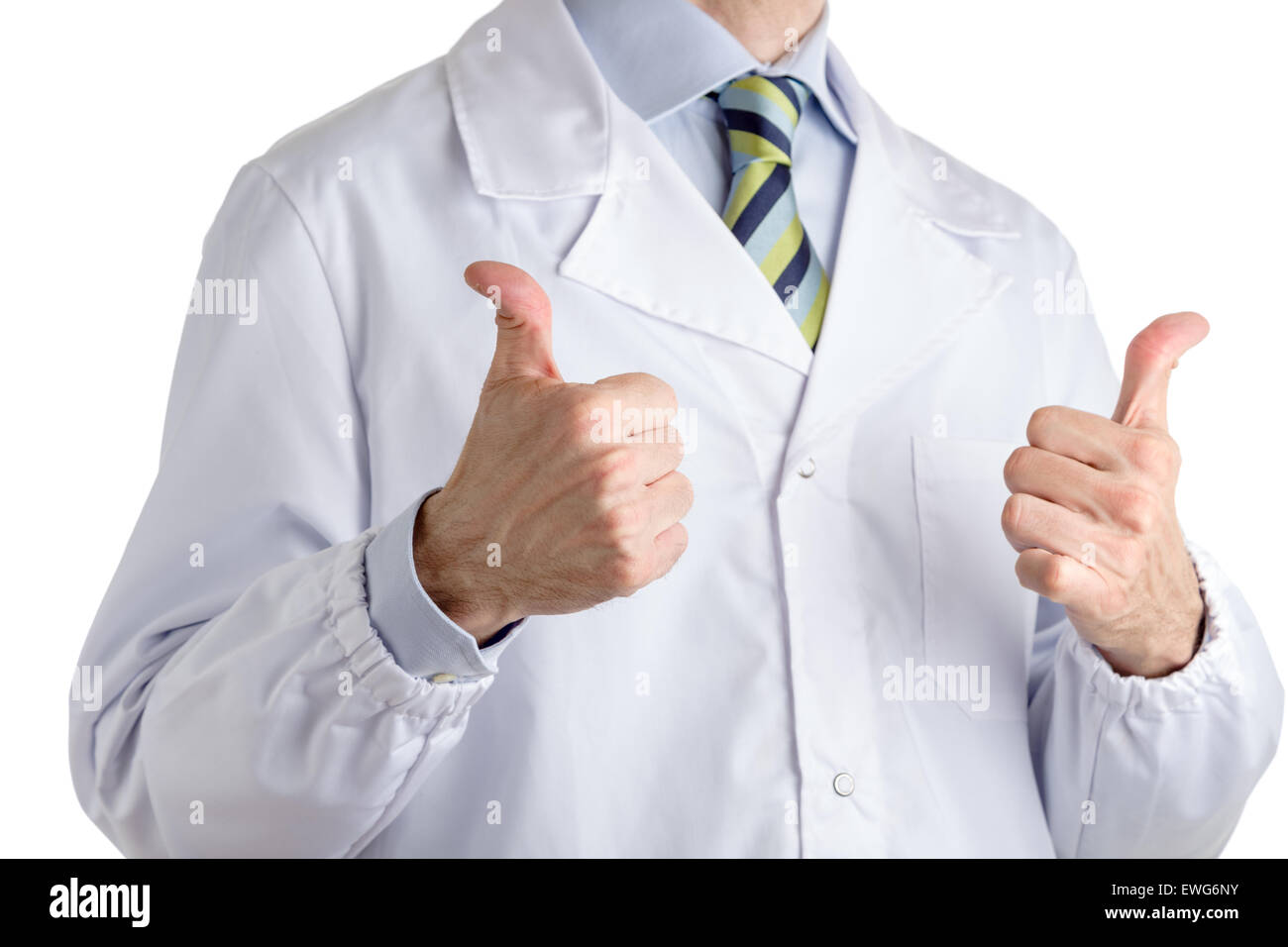 Man dressed with medical white coat, light blue shirt and glossy