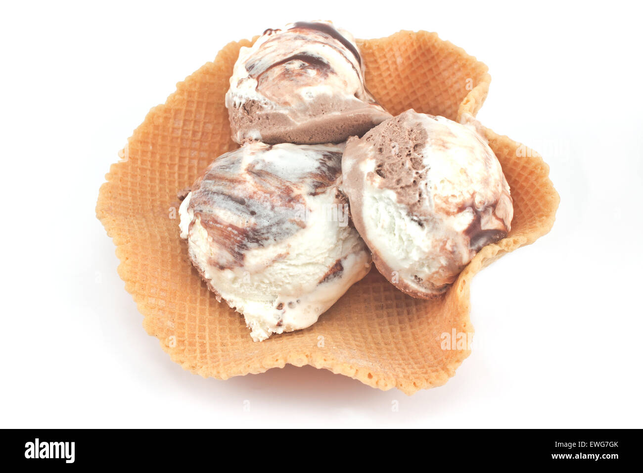 Vanilla and chocolate ice cream in cone isolated on white Stock Photo