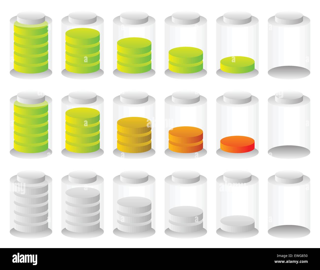Illustration of battery level indicators. Battery life, accumulator