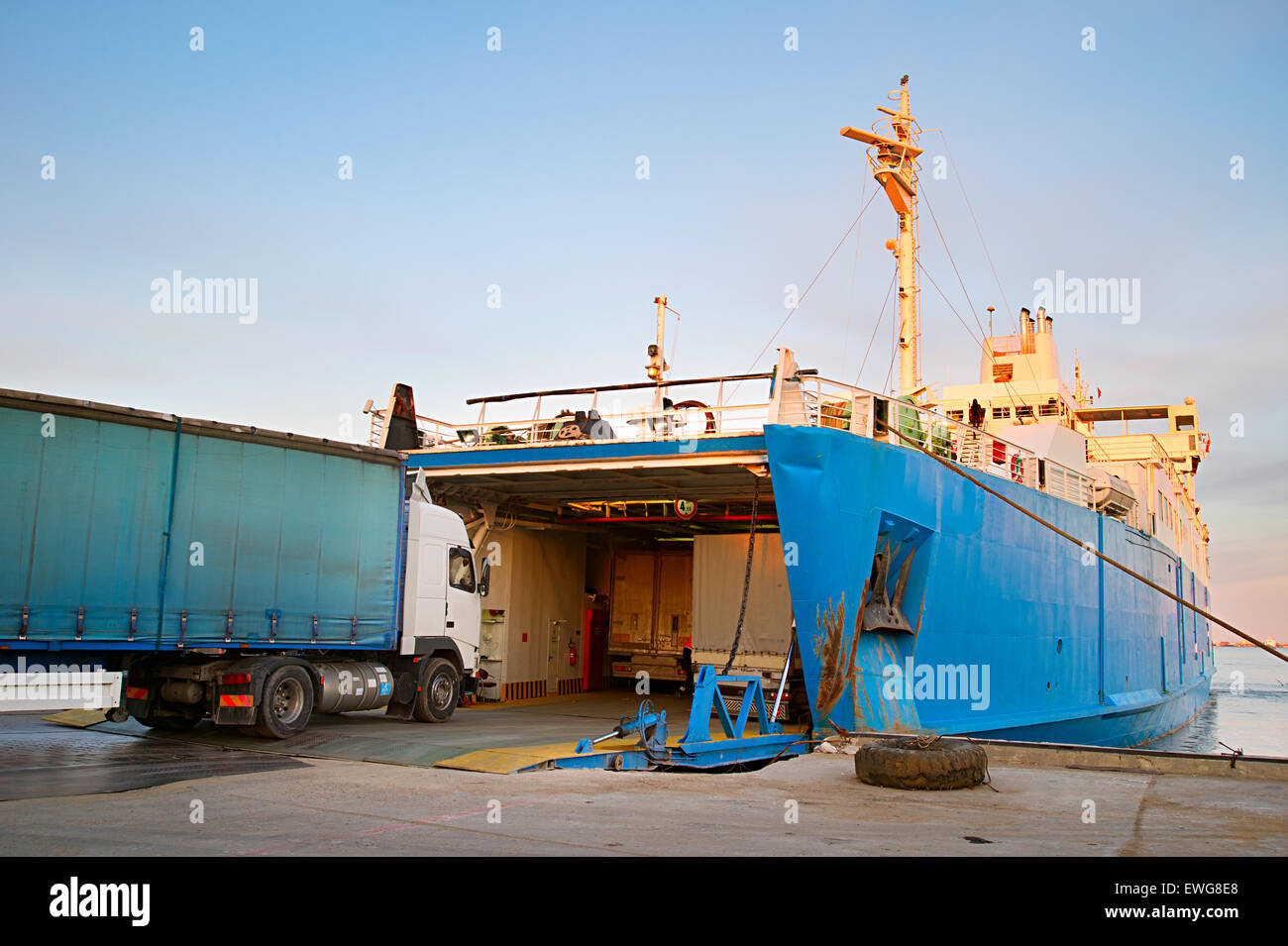 Loading ferry boat in the port of Crimea. Ferry between port Crimea, Kerch, and port Caucasus. Stock Photo