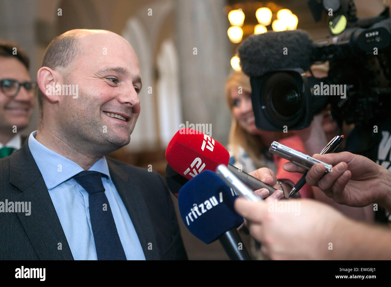 Copenhagen, Denmark, June 22nd, 2015: Danish Soeren Pape Poulsen, chairman forThe Consevative, speaks to the press before he meets Lars Loekke Rasmussen, where they will exchange views about a possible minority government let by Mr. Rasmussen and his party, Venstre (The Liberal's) Stock Photo