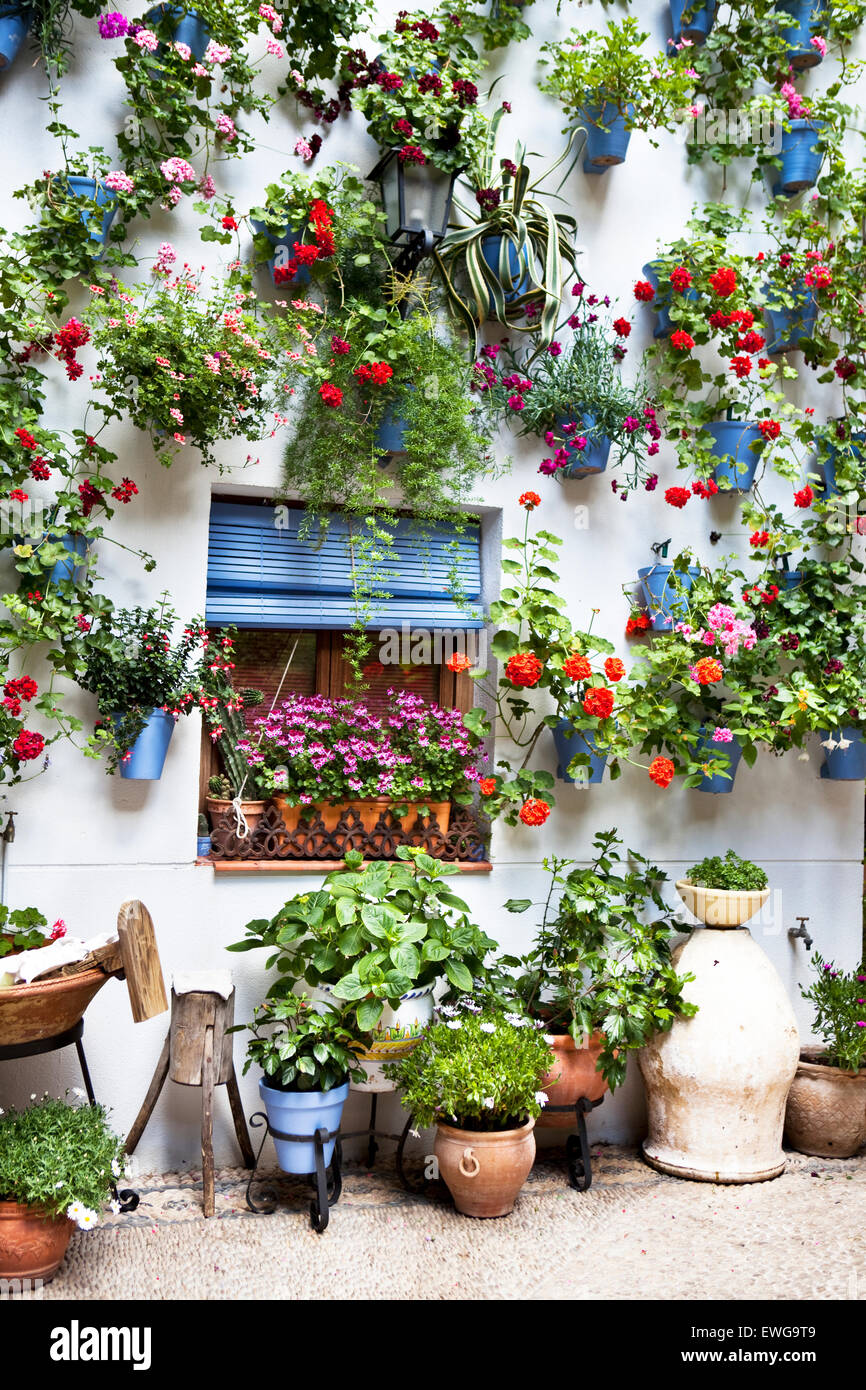 Spanish courtyard with vases and pots with flowers and geraniums, Stock Photo
