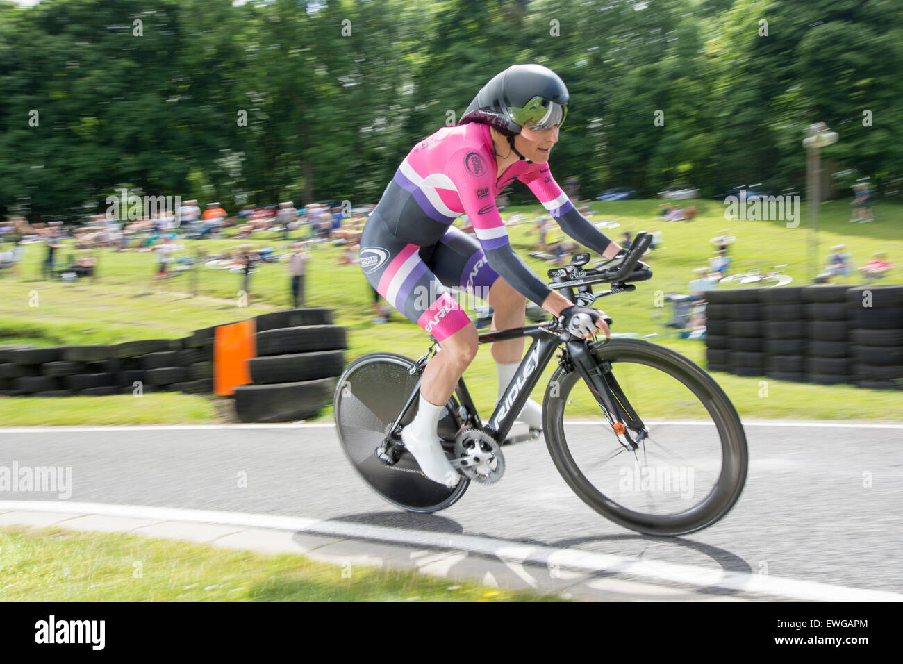 Lincoln, UK. 25th June, 2015. Dame Sarah Storey competes in the British Cycling Time Trial Championships at Cadwell Park near Lincoln, United Kingdom on 25 June 2015. Storey claimed third place behind Hayley Simmonds (Team Velosport) and Molly Weaver (Liv Plantur). Credit:  Andrew Peat/Alamy Live News Stock Photo