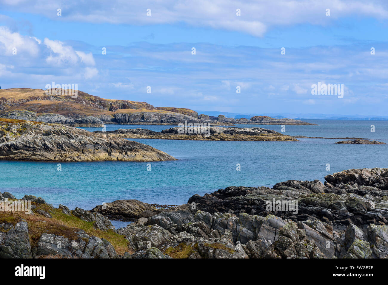 Rocky shore near Uisken beach, near Bunessan, Isle of Mull, Hebrides, Argyll and Bute, Scotland Stock Photo