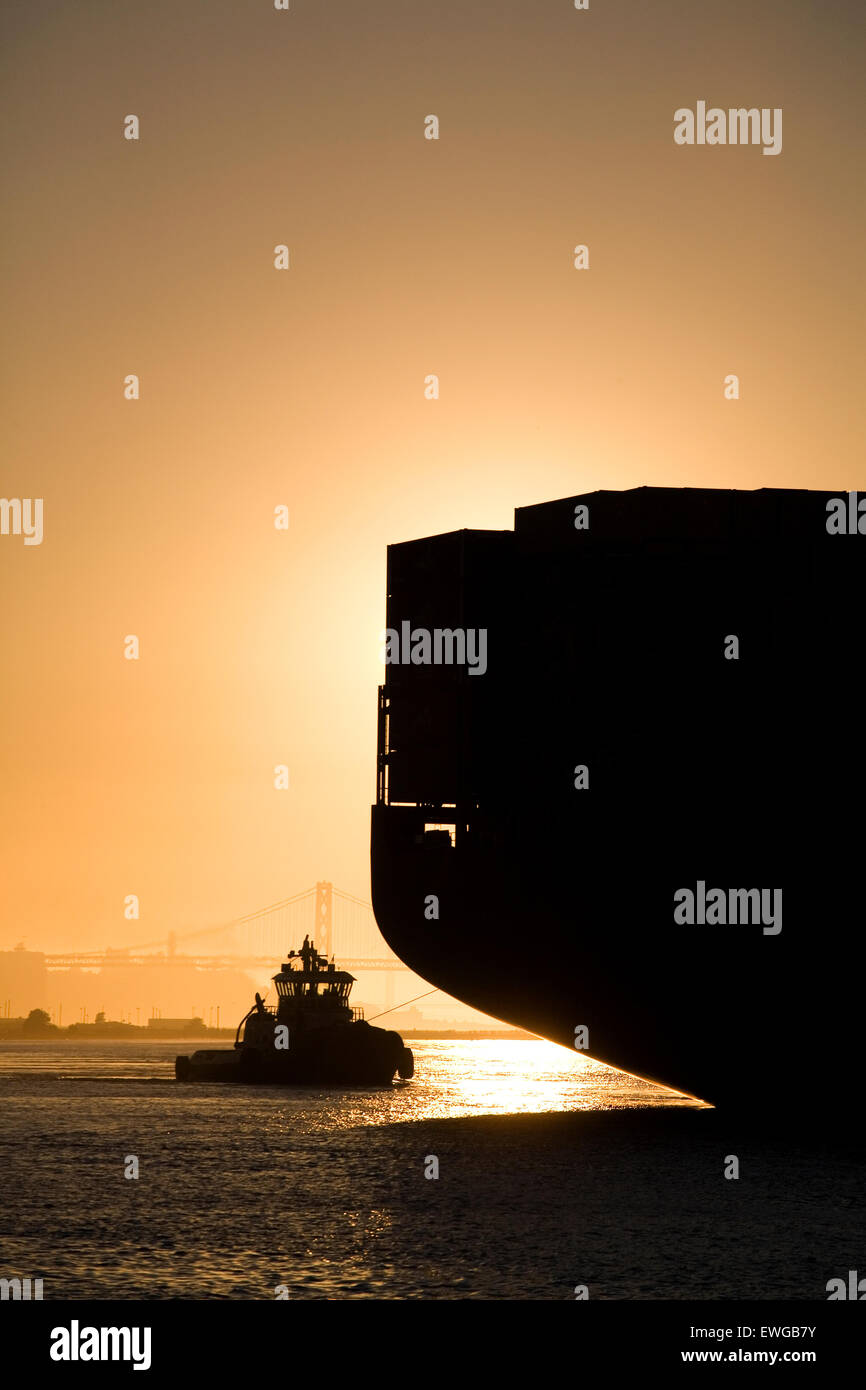 containership and tug at sunset Stock Photo
