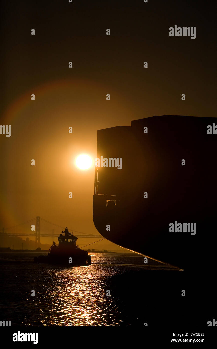 containership and tug at sunset Stock Photo