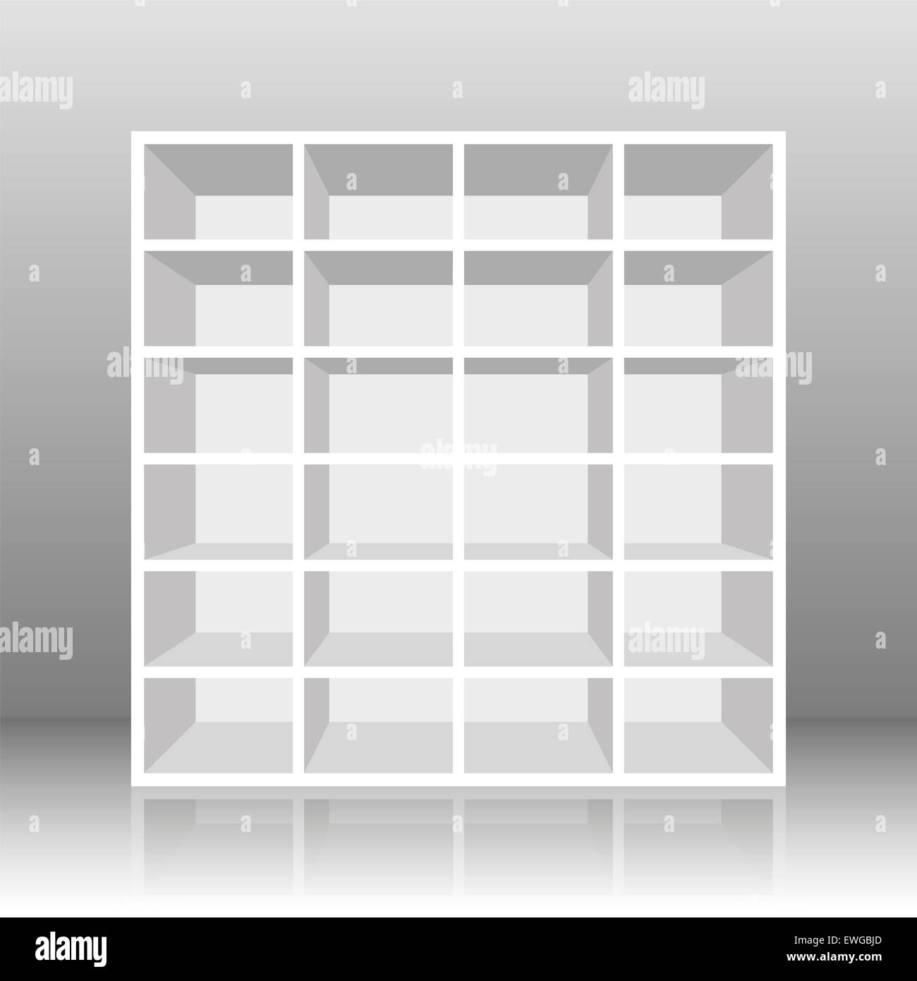 White empty rack or bookshelf with twenty four cubbyholes. Illustration on gray gradient background. Stock Photo