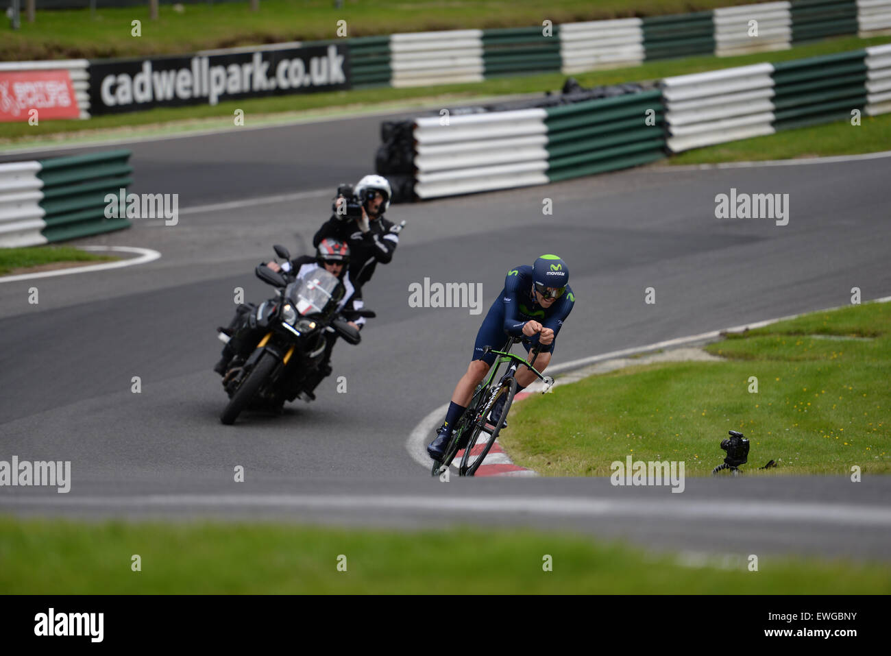 Lincoln, UK. 25th June, 2015. Alex Dowsett enters a corner at the British Cycling Time Trial Championships at Cadwell Park near Lincoln, United Kingdom on 25 June 2015. Credit:  Andrew Peat/Alamy Live News Stock Photo
