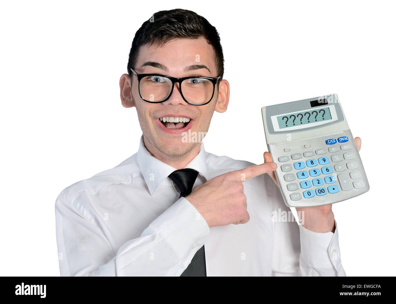 Funny man with hand calculator Stock Photo - Alamy