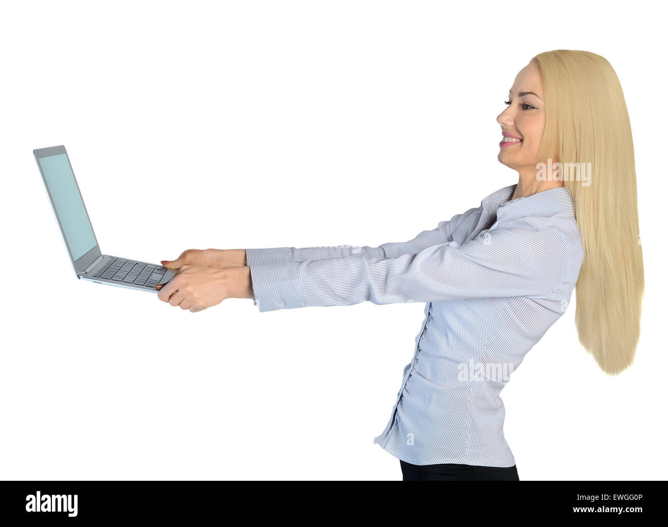 Isolated business woman happy with computer Stock Photo