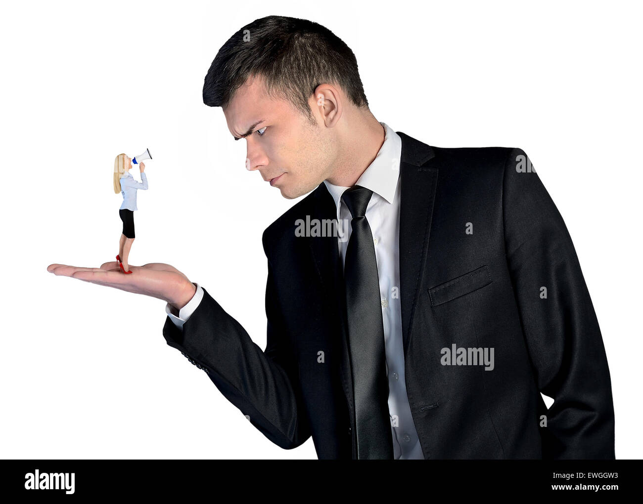 Isolated business man looking angry on little woman Stock Photo