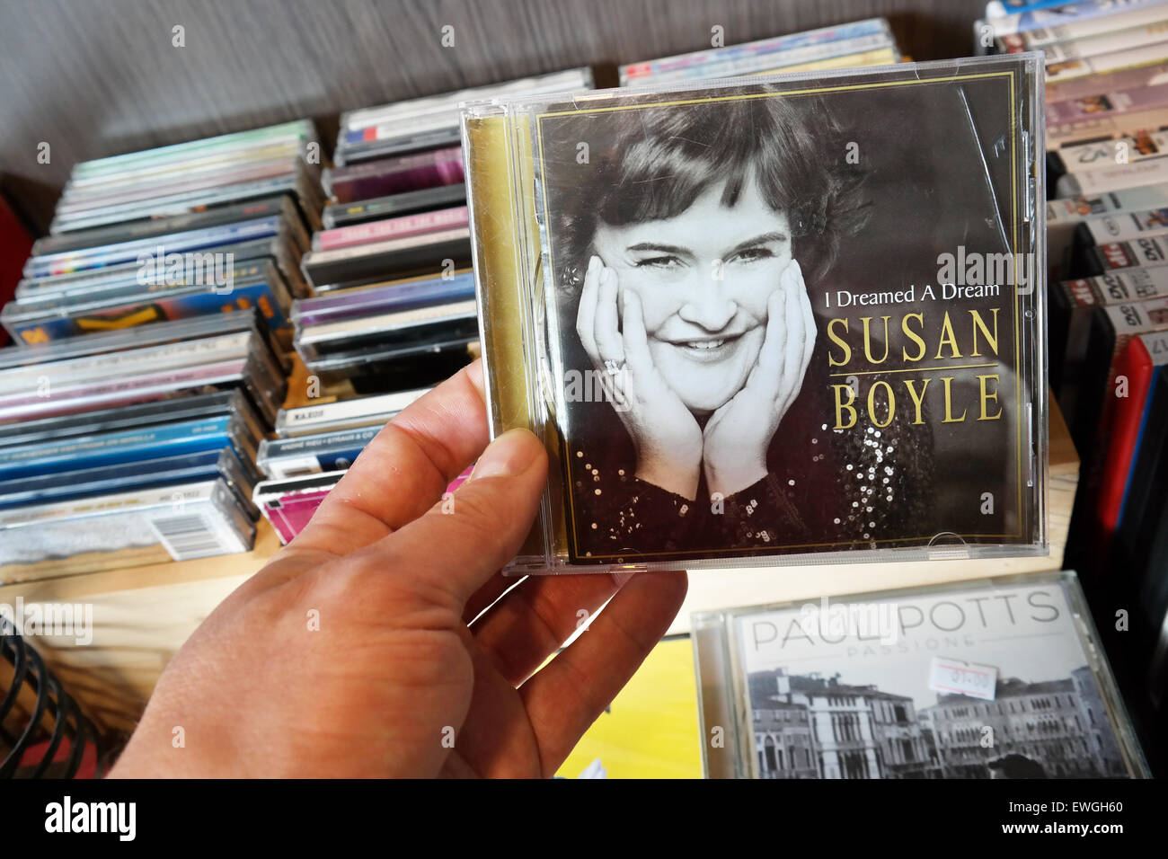 THE NETHERLANDS - JULY 2015: Compact disc of the Scottish singer Susan Boyle in a second hand store. Stock Photo
