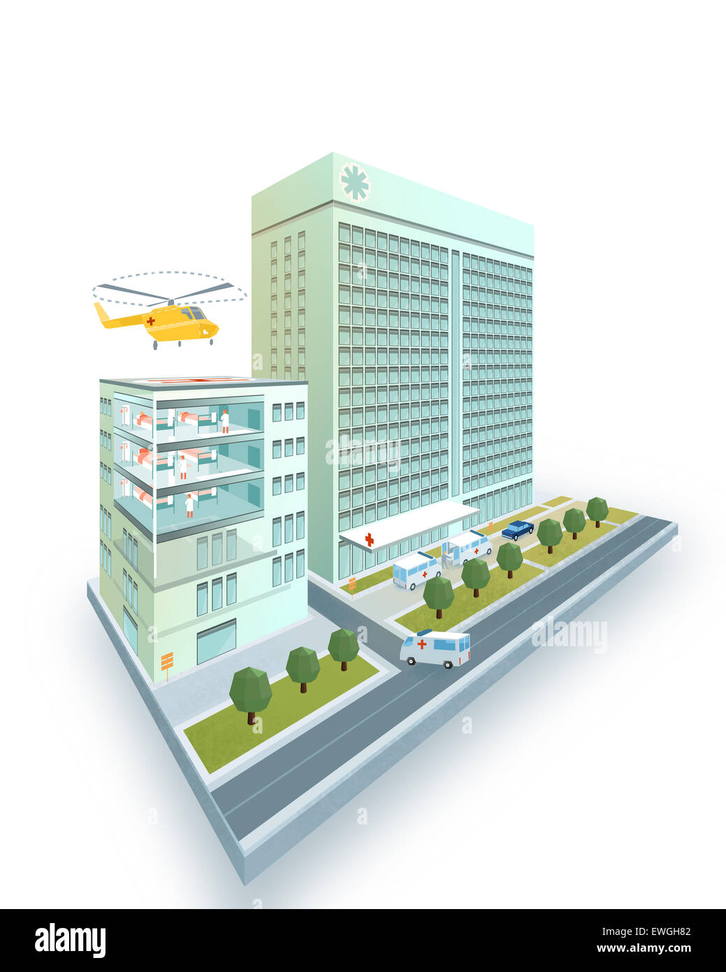 Isometric hospital having helipad on roof modern 3D design model isolated on white background Stock Photo
