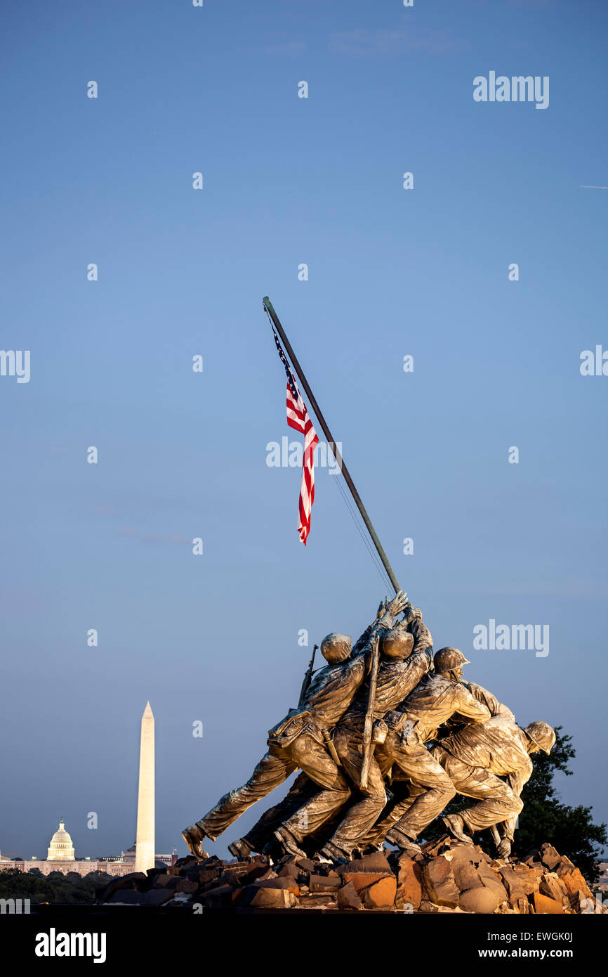 Iwo Jima Memorial (US Marine Corps War Memorial), Arlington, Virginia; Washington Memorial, US Capitol Building, Washington DC Stock Photo