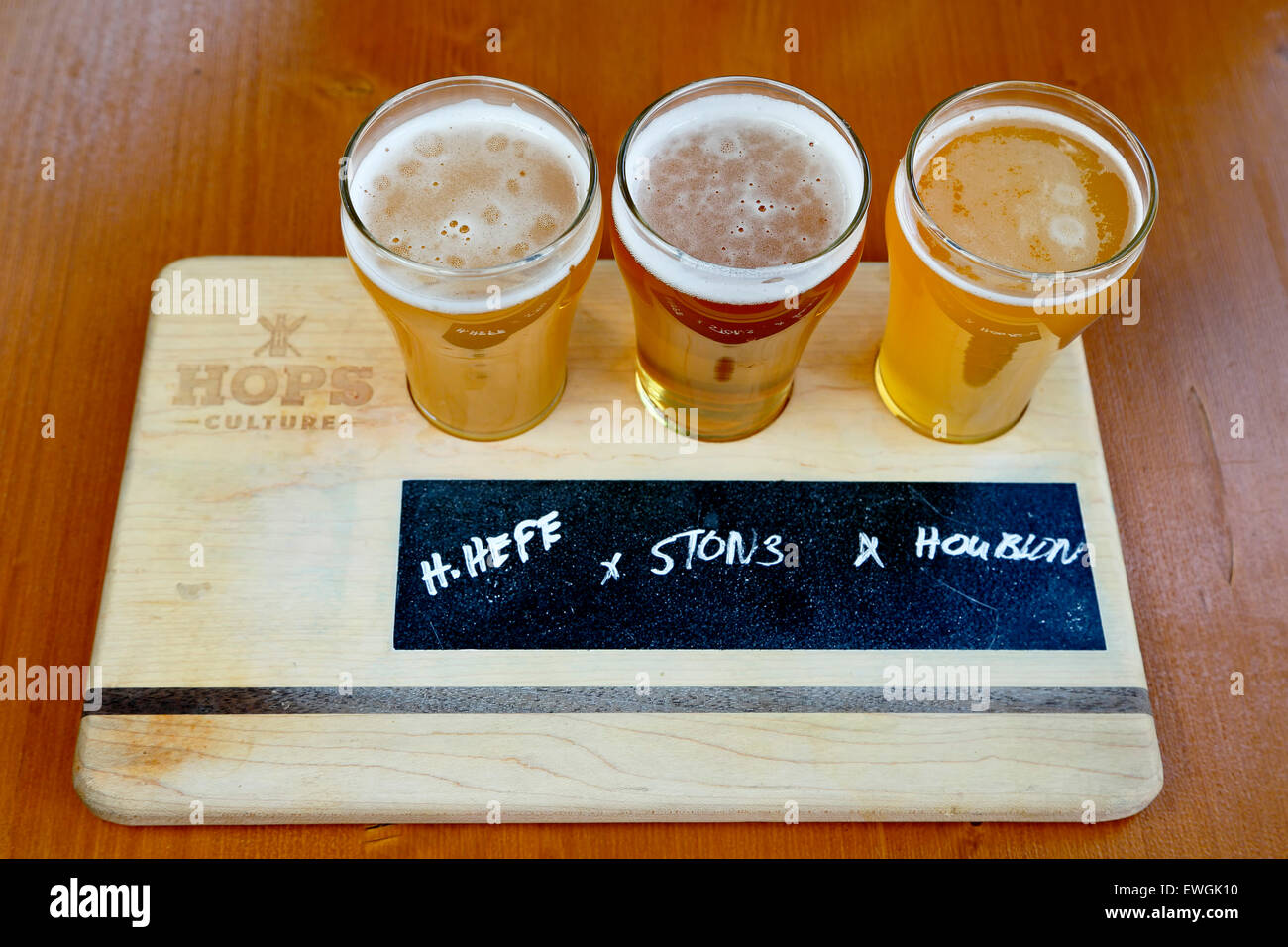 Flight of beer, Hops Culture restaurant bar, Aspen, Colorado USA Stock Photo