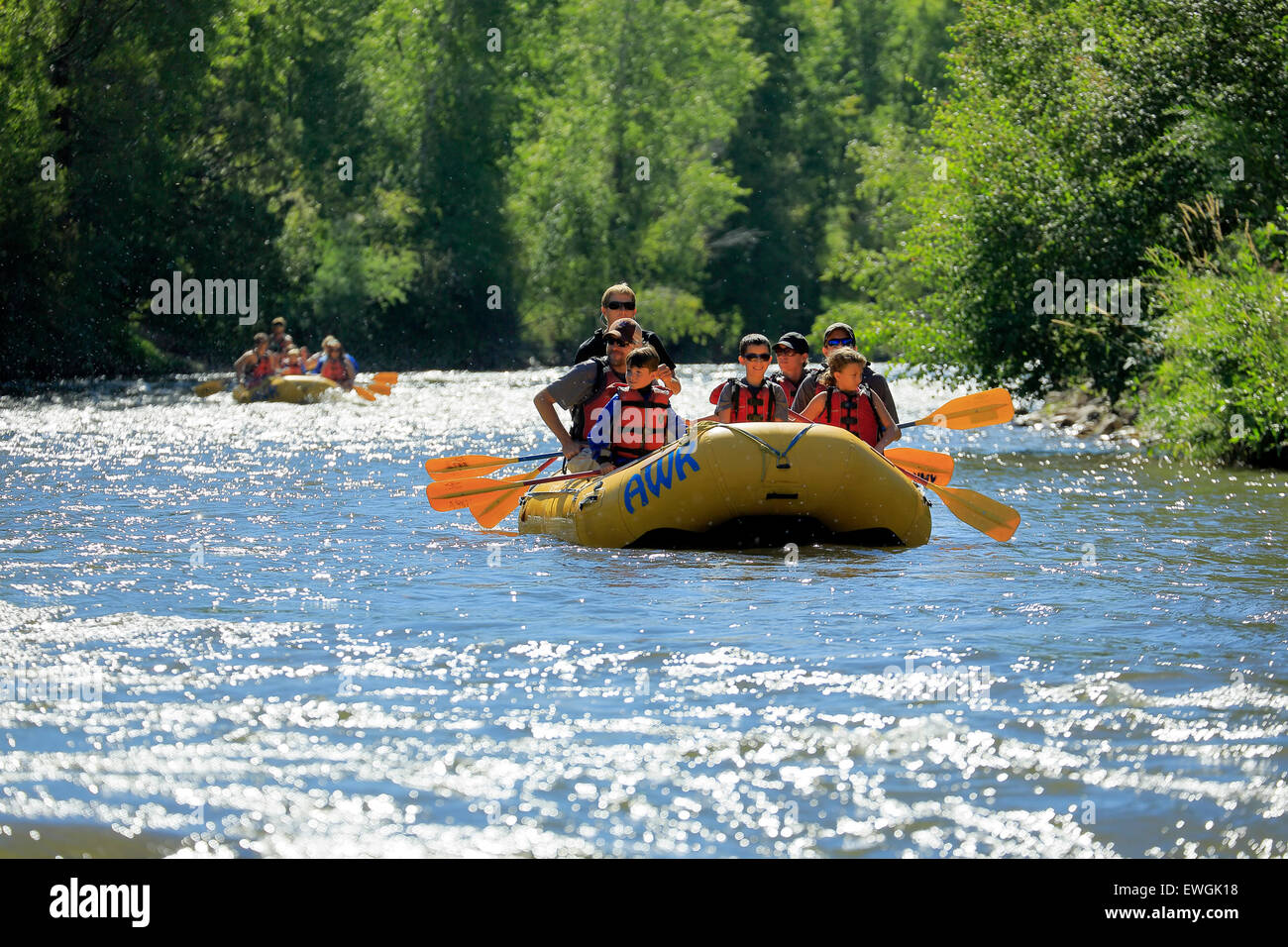 White water rafters on Roaring Fork River, near Basalt and Aspen, Colorado USA Stock Photo