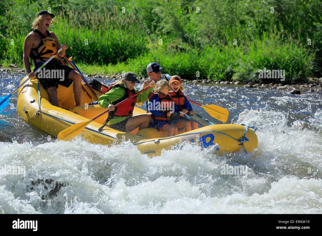 White water rafters on Roaring Fork River, near Basalt and Aspen, Colorado USA Stock Photo