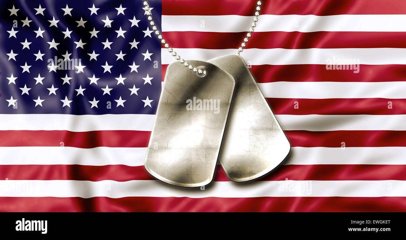 Dog tags, identity plates, with copy space, on American Flag background ...
