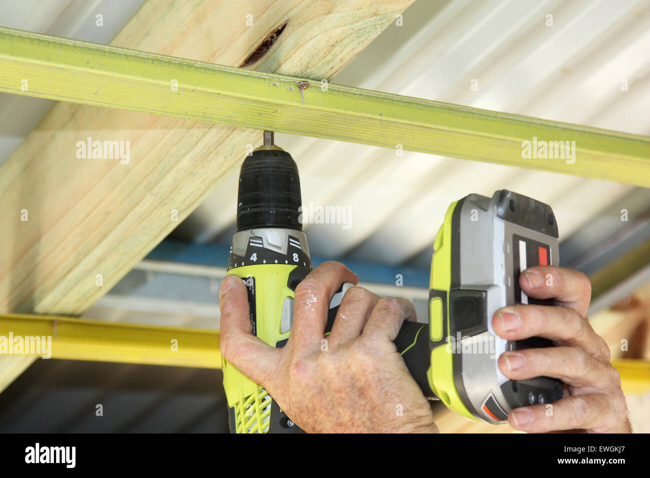 a male builder putting up ceiling battens Stock Photo