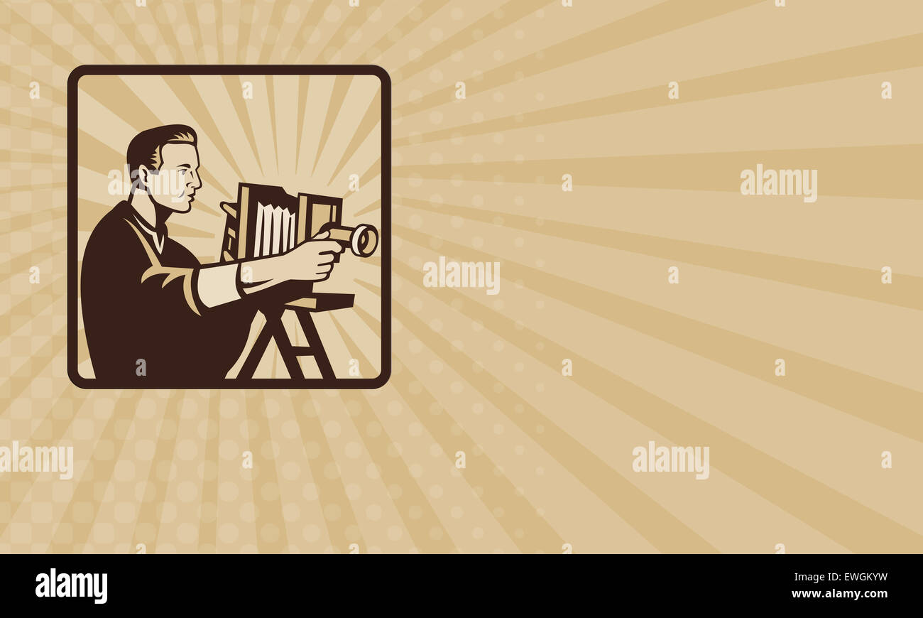 Business card showing illustration of a photographer shooting a vintage bellow camera viewed from side done in retro style set inside square. Stock Photo