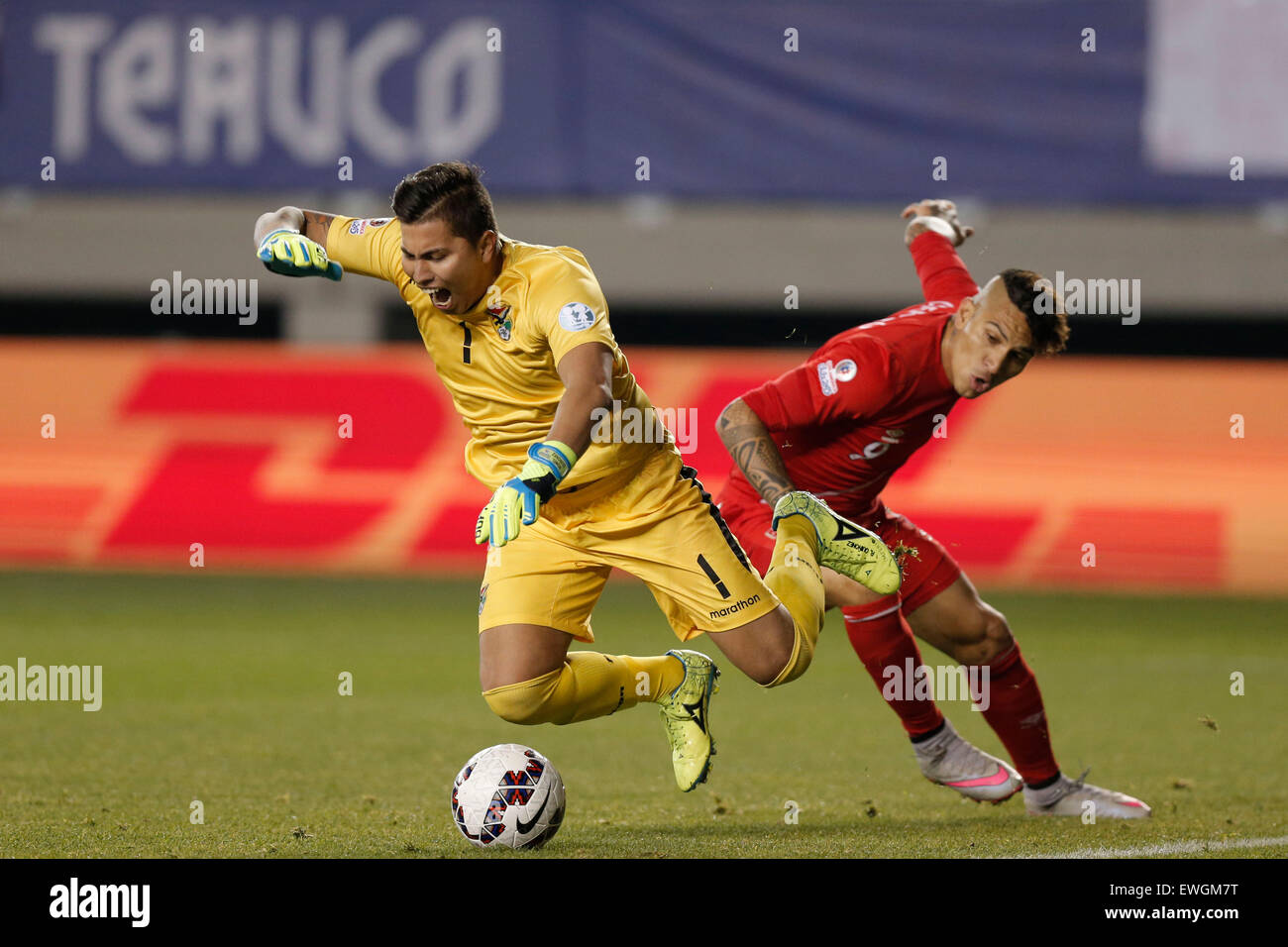 Temuco, Chile. 25th June, 2015. Bolivia's goalkeeper Goali Romel Quinonez (L) vies with Peru's Paolo Guerrero during their quarterfinal at 2015 Copa America in Temuco, Chile, on June 25, 2015. Credit:  Guillermo Arias/Xinhua/Alamy Live News Stock Photo