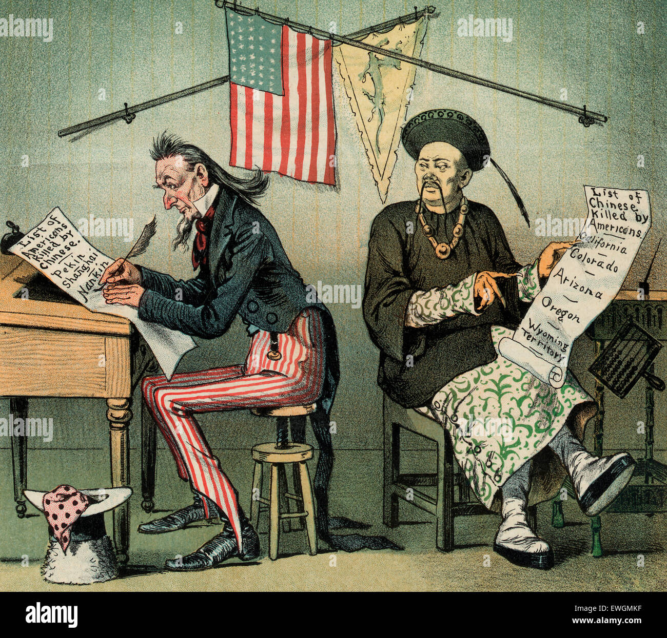 Keeping account - Illustration shows Uncle Sam preparing a list of places in China where 'Americans have been killed by Chinese' and a Chinese man preparing a list of places in America where 'Chinese [have been] killed by Americans' including the latest incident in 'Wyoming Territory'. Political cartoon, 1885 Stock Photo
