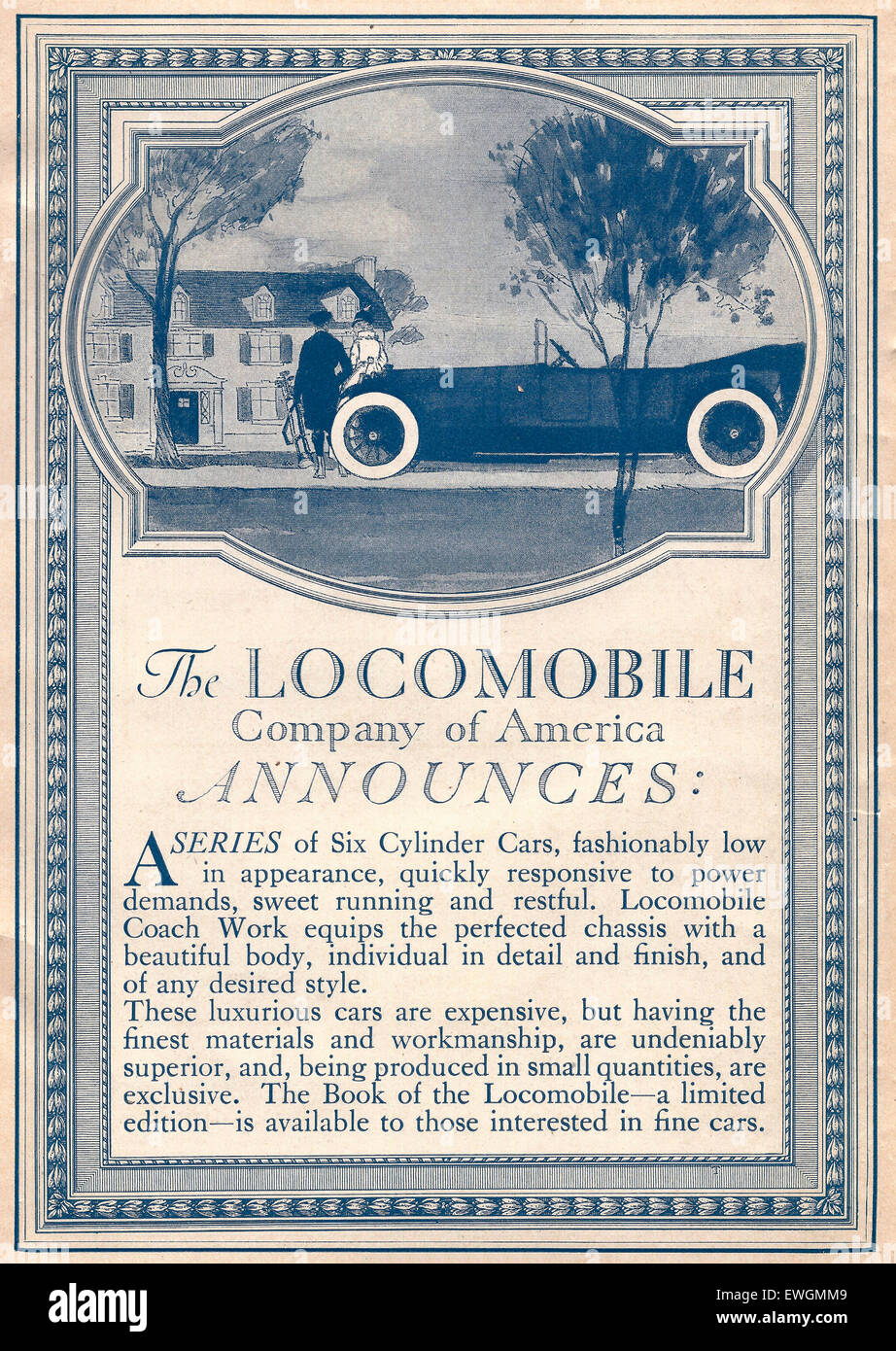 The Locomobile Company of America Announces a series of six cylinder cars - 1916 Advertisement Stock Photo