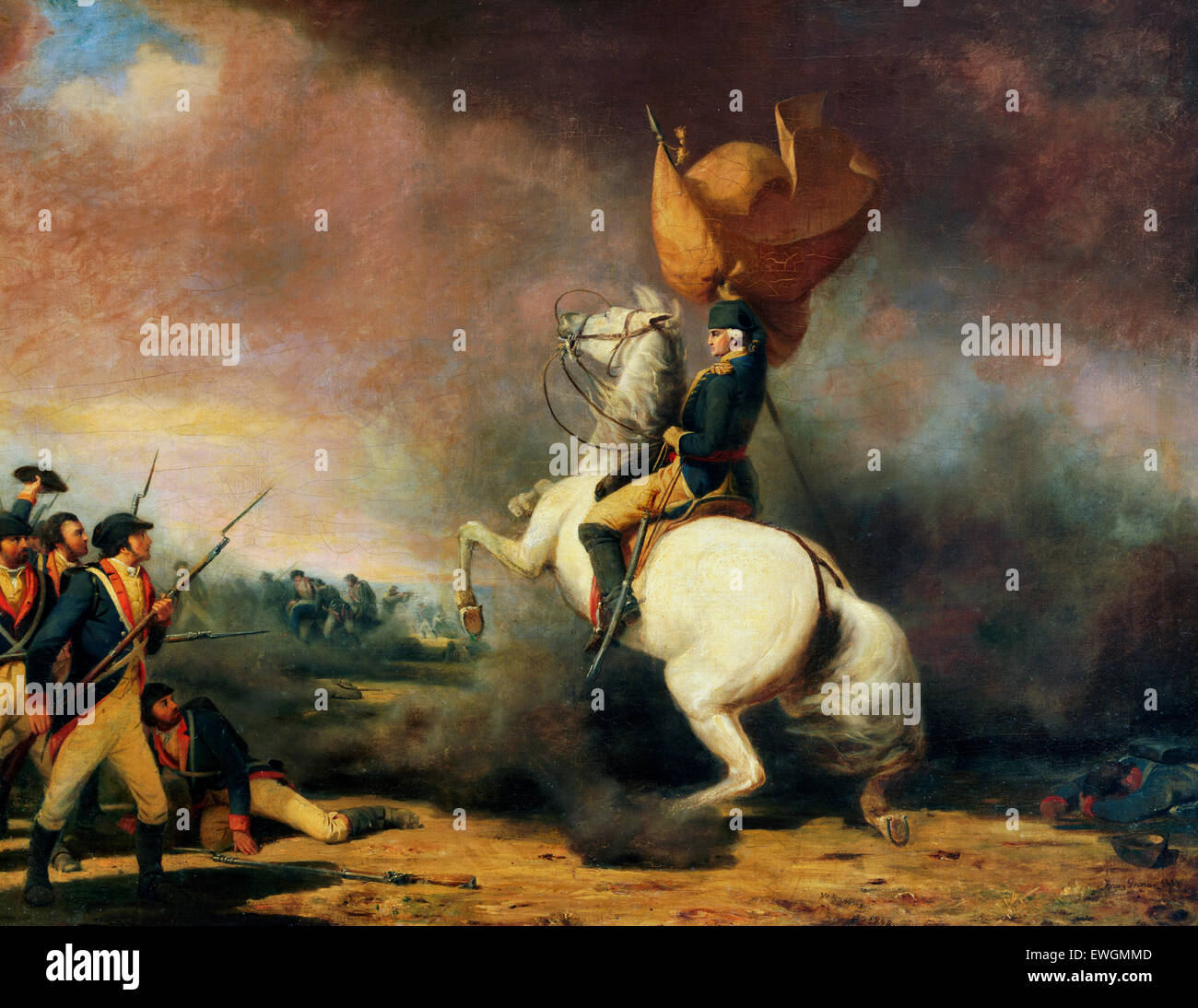 General George Washington rallying his troops at the Battle of Princeton.  1777   William Tylee Ranney Stock Photo