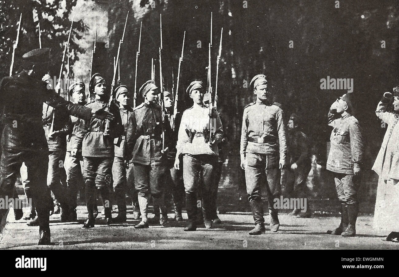 The march past of the Women's Recruits for the Battalions of Death.  Only those between eighteen and thirty seven were permitted to enlist Stock Photo