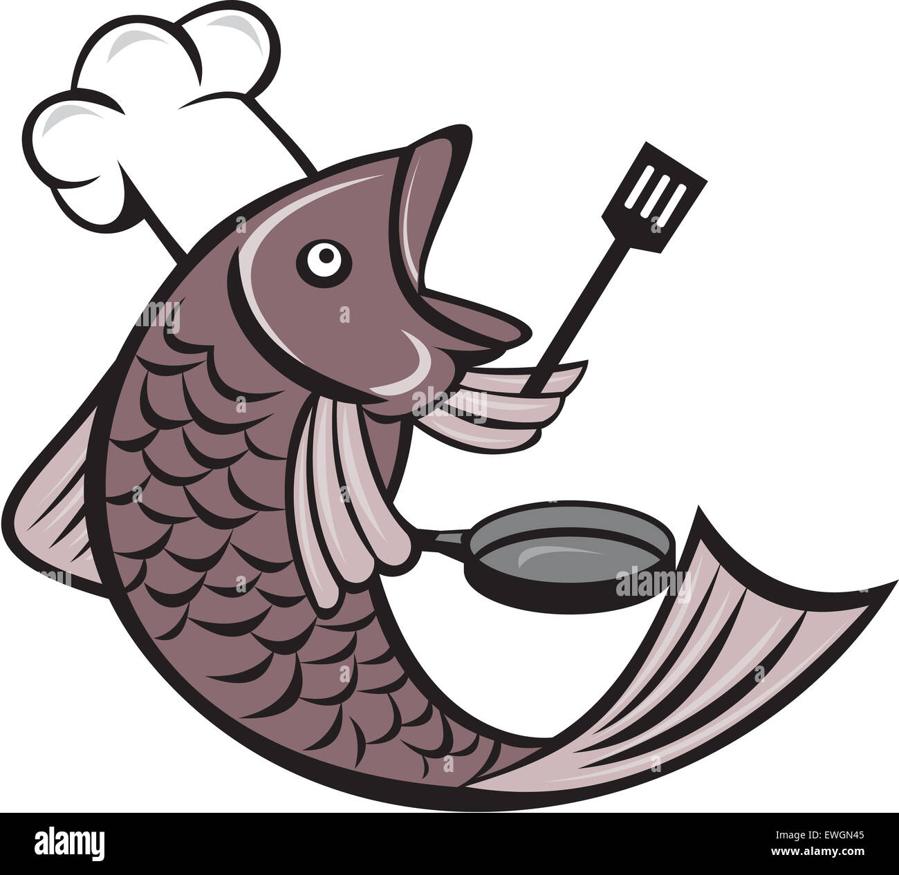 Illustration of a fish chef cook holding spatula and frying pan viewed from the side set inside on isolated white background done in cartoon style. Stock Photo