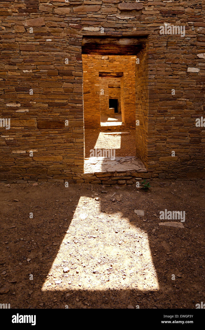 Doorways and light within Pueblo Bonito at Chaco Culture National Historical Park in New Mexico. Stock Photo