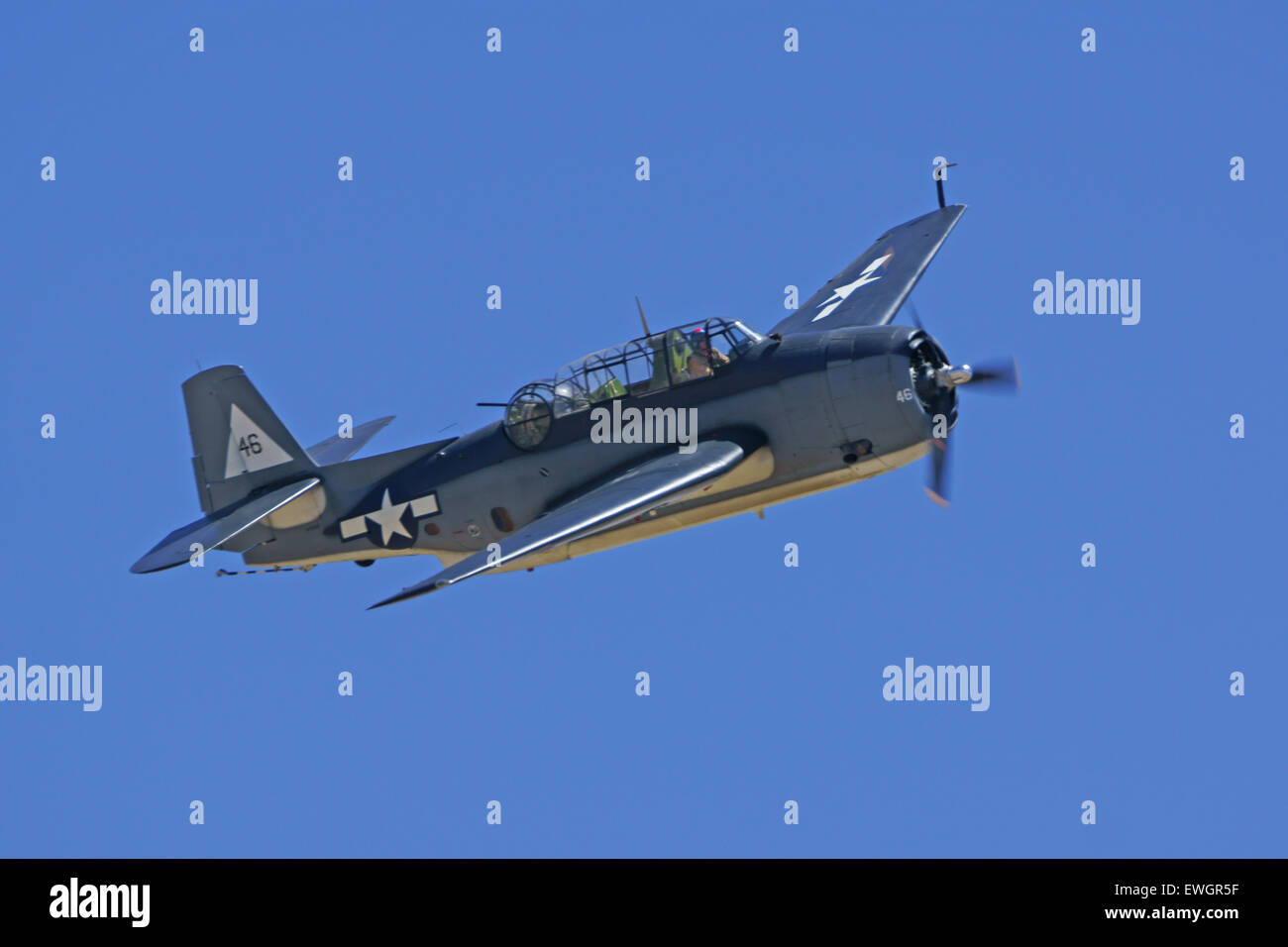 Airplane Fighter WWII TBM Avenger flying at 2015 Planes of Fame Air Show Stock Photo