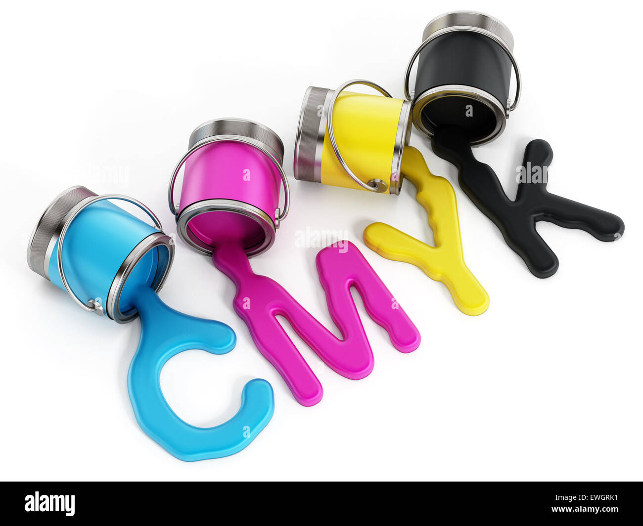 CMYK buckets with cyan, magenta, yellow and black inks Stock Photo
