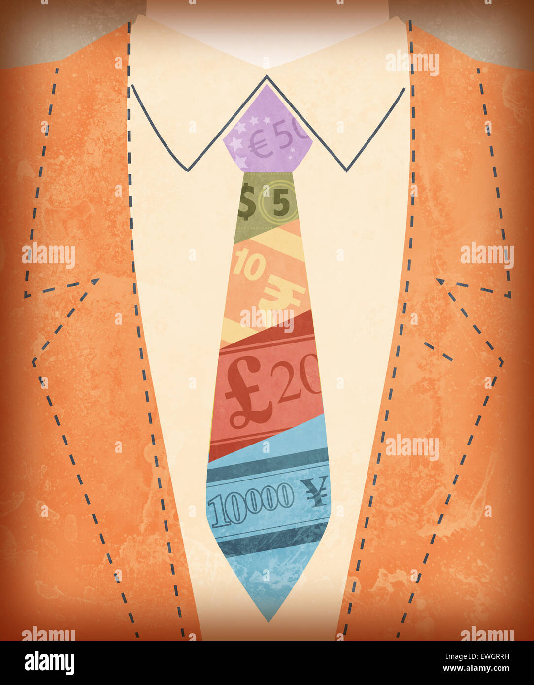 Midsection view of businessman with international currency symbols on tie Stock Photo