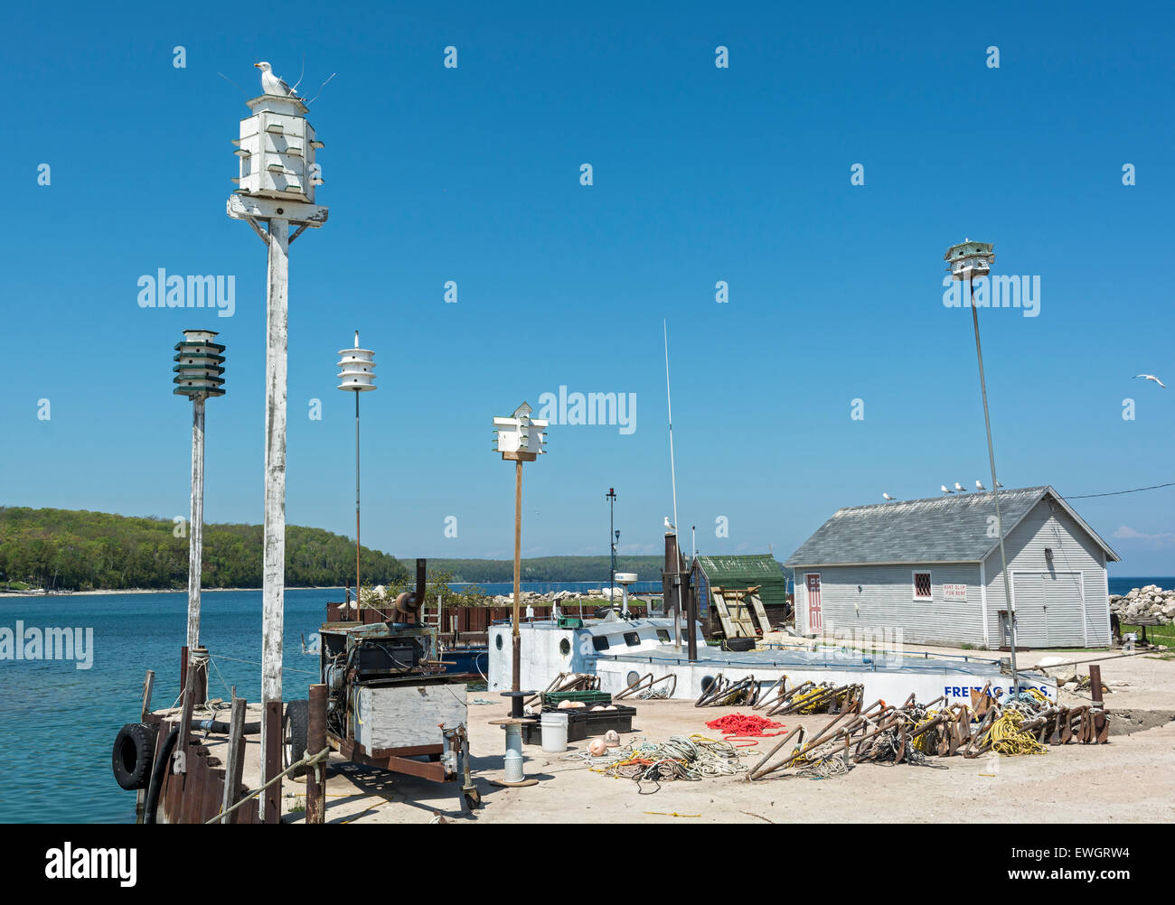 Wisconsin, Door County, Gills Rock, Hedgehog Harbor, commercial fishing dock Stock Photo