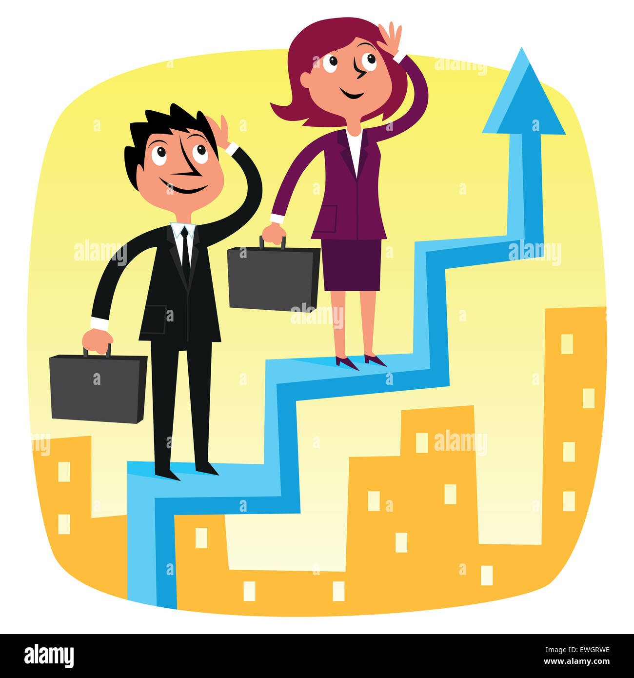 Business people standing on moving up graph Stock Photo