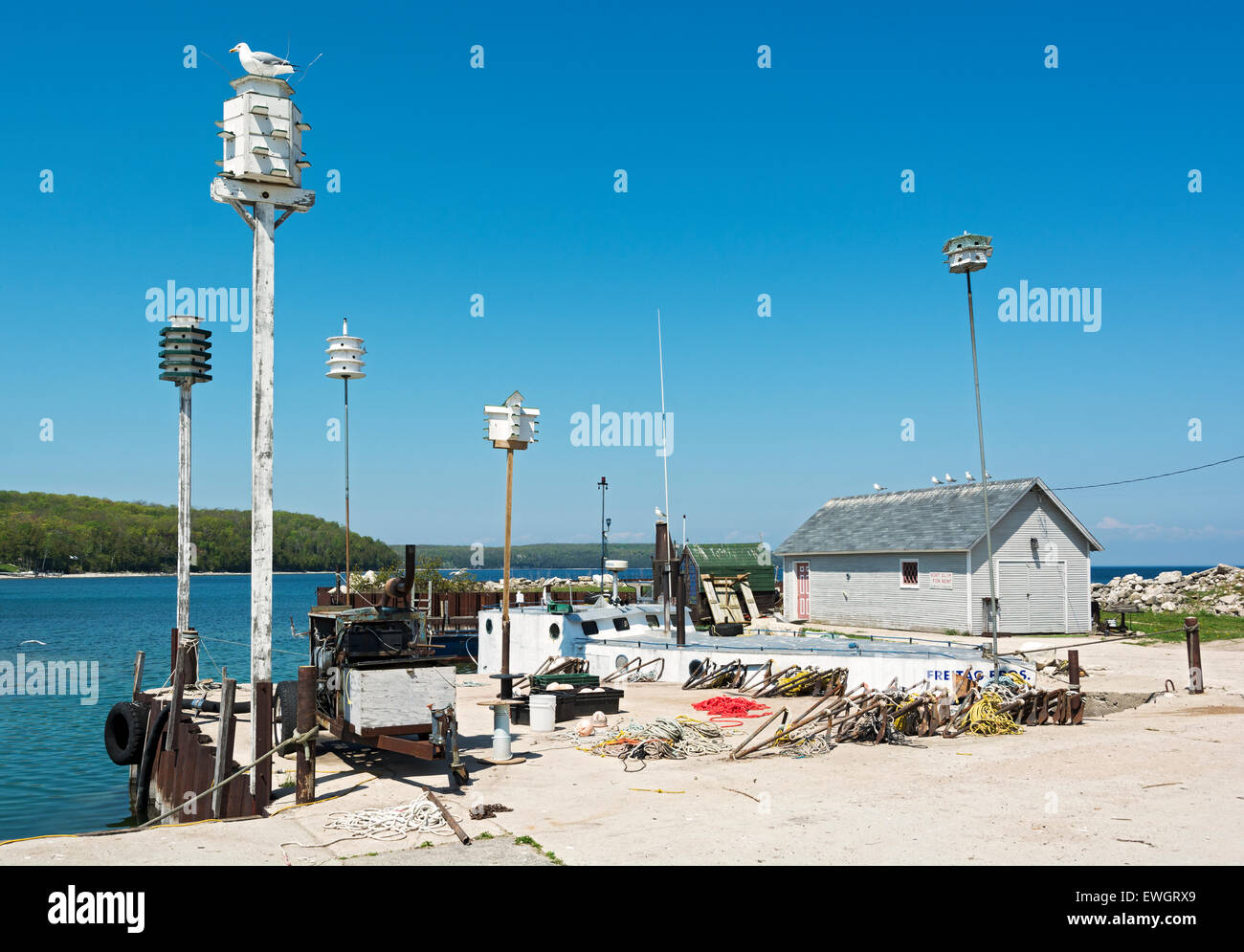 Wisconsin, Door County, Gills Rock, Hedgehog Harbor, commercial fishing dock Stock Photo