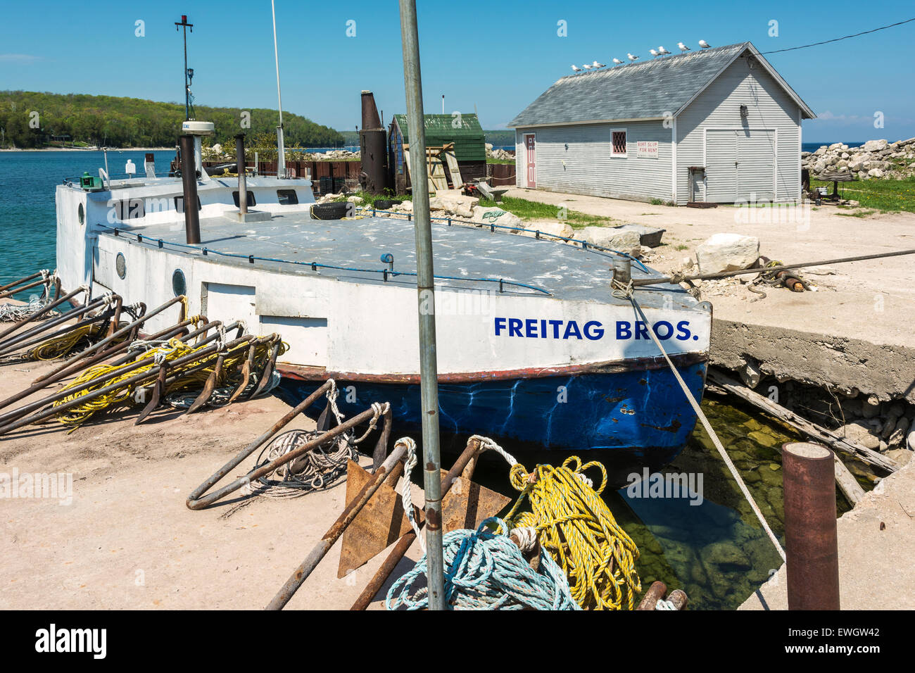 Wisconsin, Door County, Gills Rock, Hedgehog Harbor, commercial fishing dock, Freitag Bros.  all steel fish tug Stock Photo