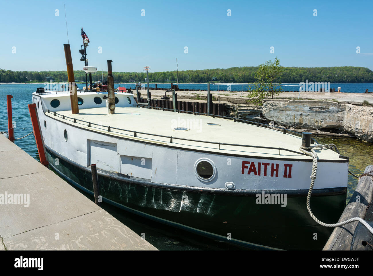 Wisconsin, Door County, Gills Rock, Hedgehog Harbor, commercial fishing dock, Faith II, all steel fish tug Stock Photo