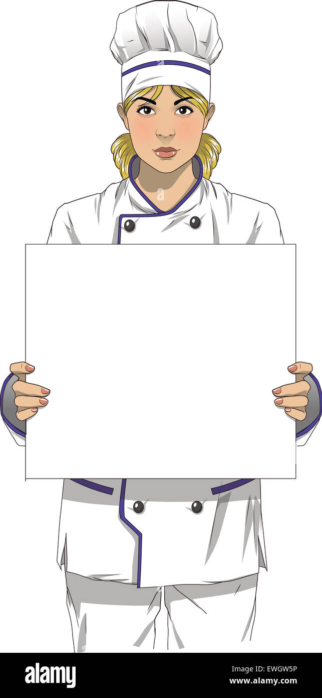 Female chef holding blank board against white background Stock Photo