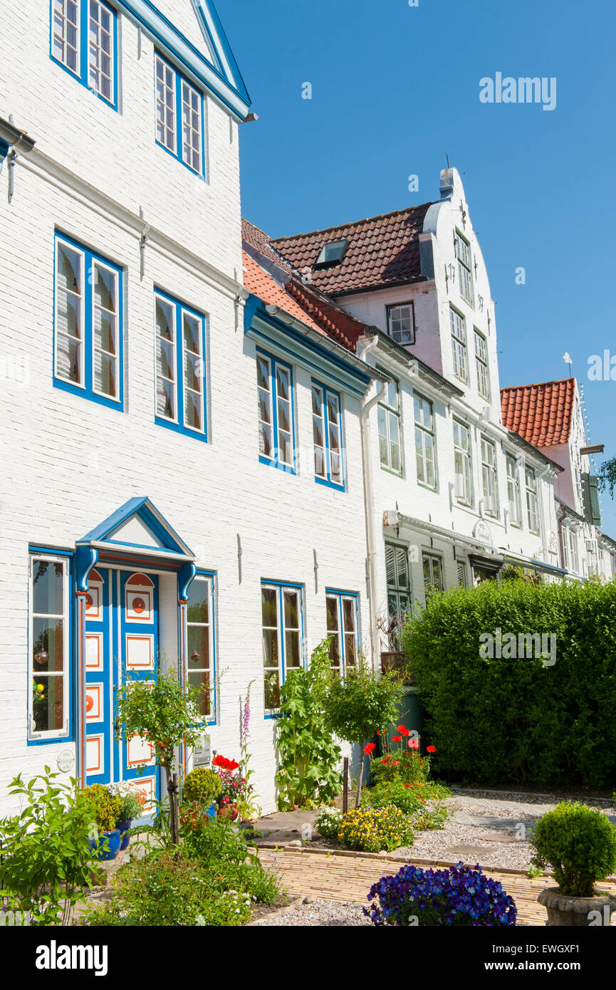 Traditional North Frisian facades are typical for the old town of Tönnning, a small port on the Eiderstedt peninsula, Germany Stock Photo