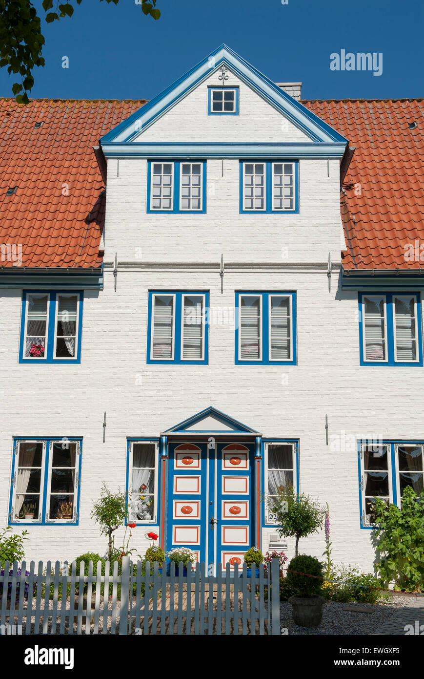 Traditional North Frisian facades are typical for the old town of Tönnning, a small port on the Eiderstedt peninsula, Germany Stock Photo
