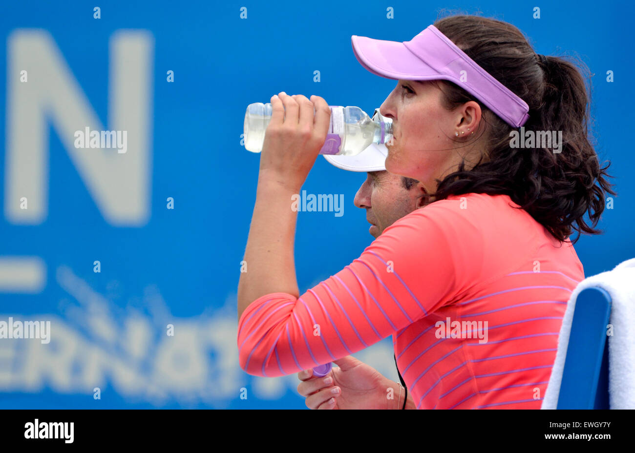 Laura Robson (Great Britain) drinking water between games at the Aegon International qualifying round, Eastbourne 20th June 2015 Stock Photo