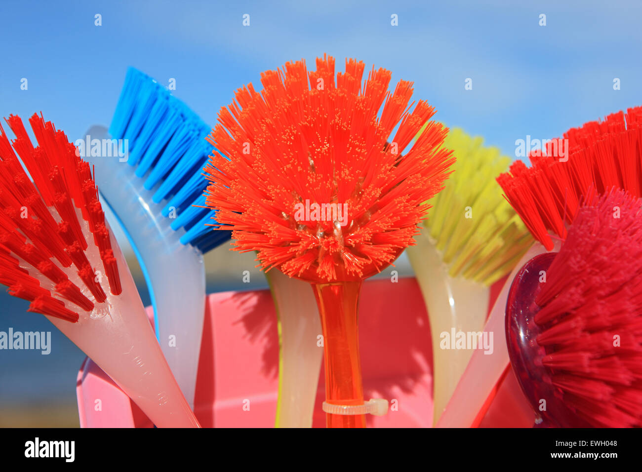 Brightly coloured dish washing brushes Stock Photo