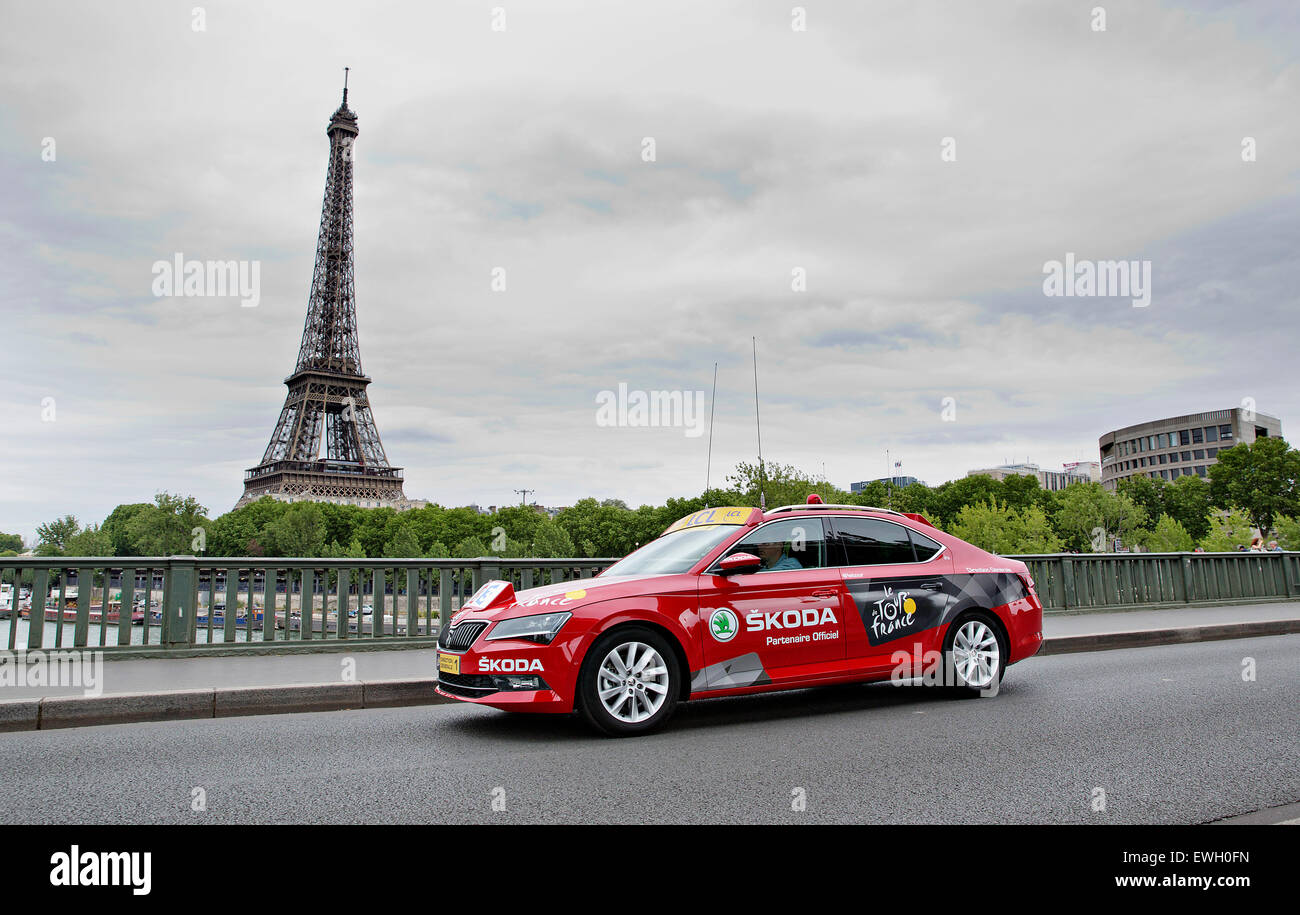 Skoda Superb, Le Tour de France, red, car for director, Eiffel Tower, La Tour Eiffel Stock Photo