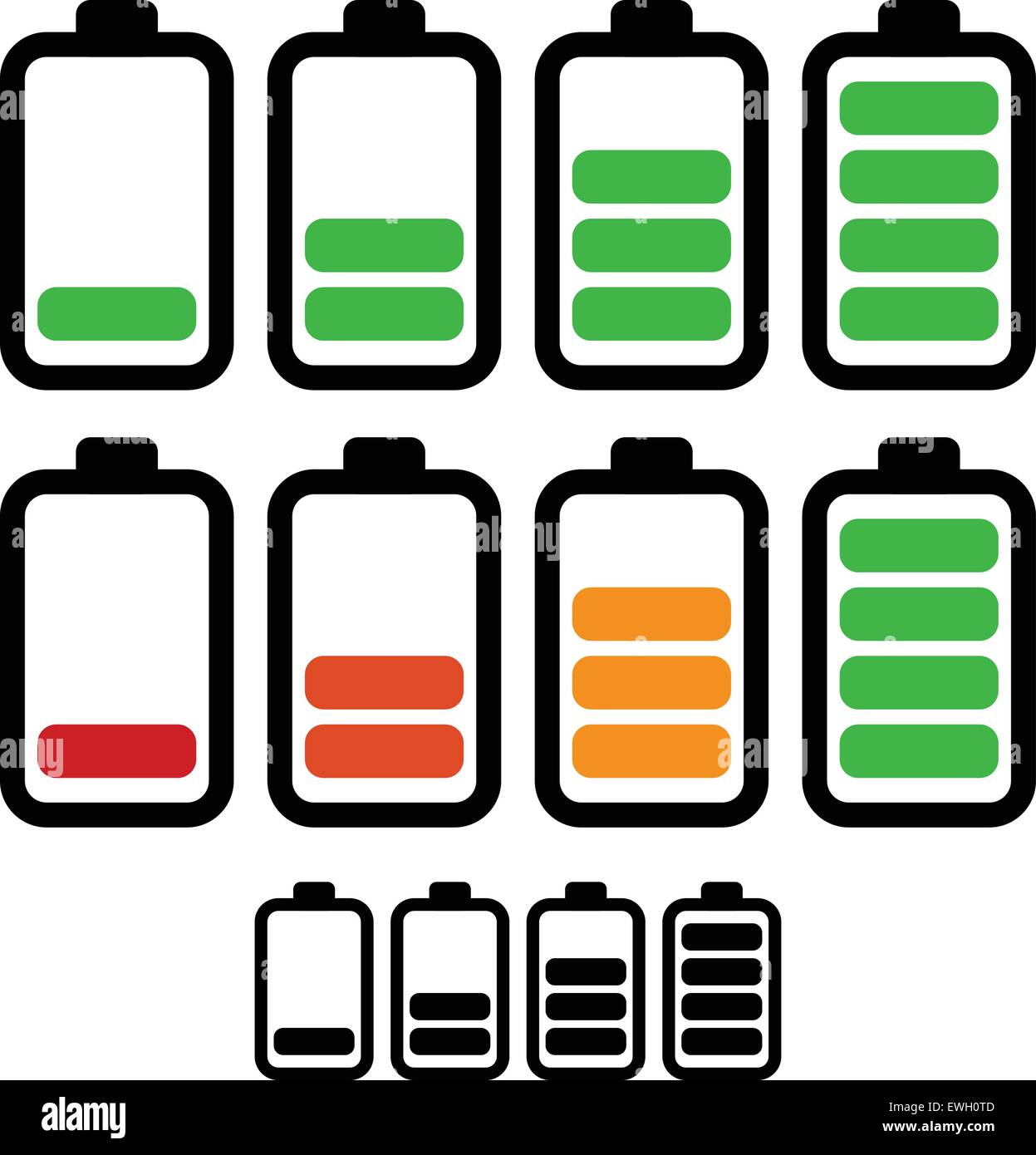 Illustration of battery level indicators. Battery life, accumulator, battery  running low, battery recharging vector Stock Vector Image & Art - Alamy