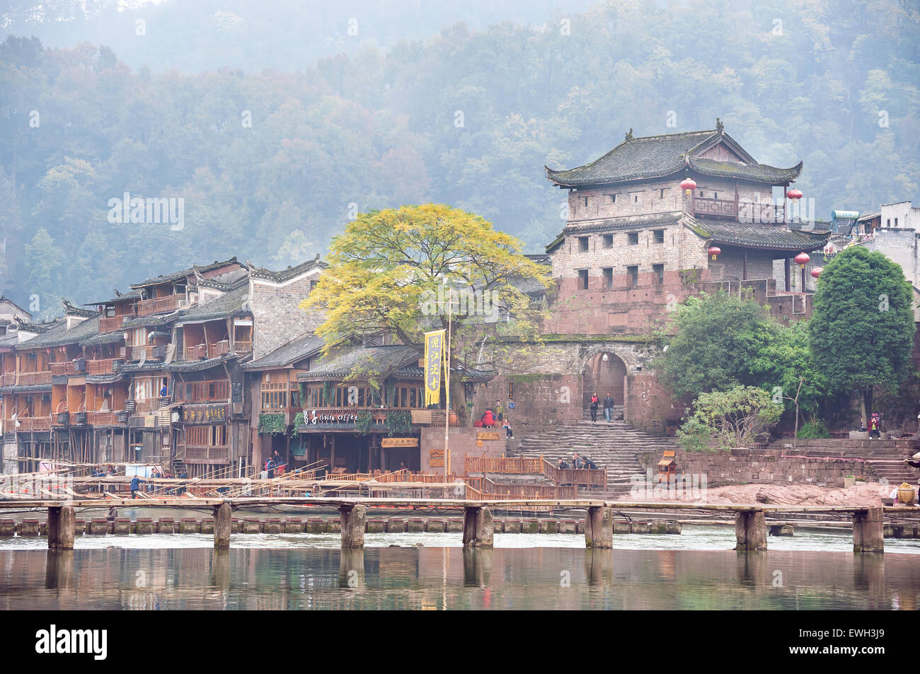 North Gate Tower and Tuojiang River in Fenghuang, Hunan Province, China Stock Photo
