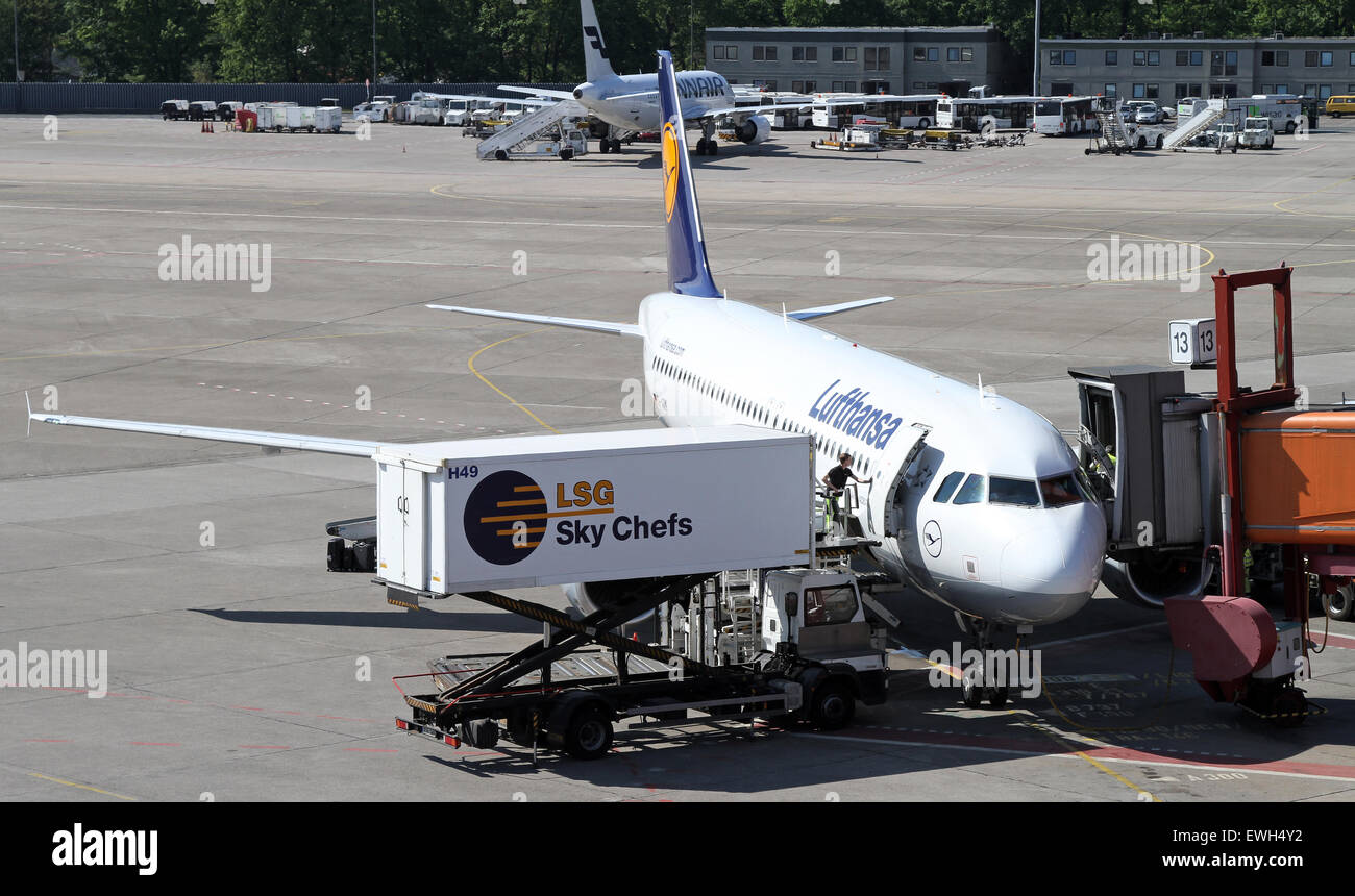 Berlin, Germany, catering container is pushed to an aircraft of Lufthansa Stock Photo