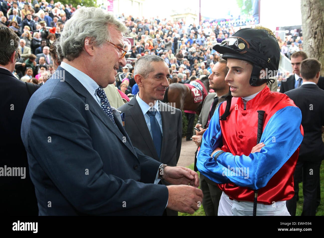 Paris, France, Georg Baron von Ullmann (left), a private banker, Jean-Pierre Carvalho, horse trainer and William Buick, Jockey Stock Photo