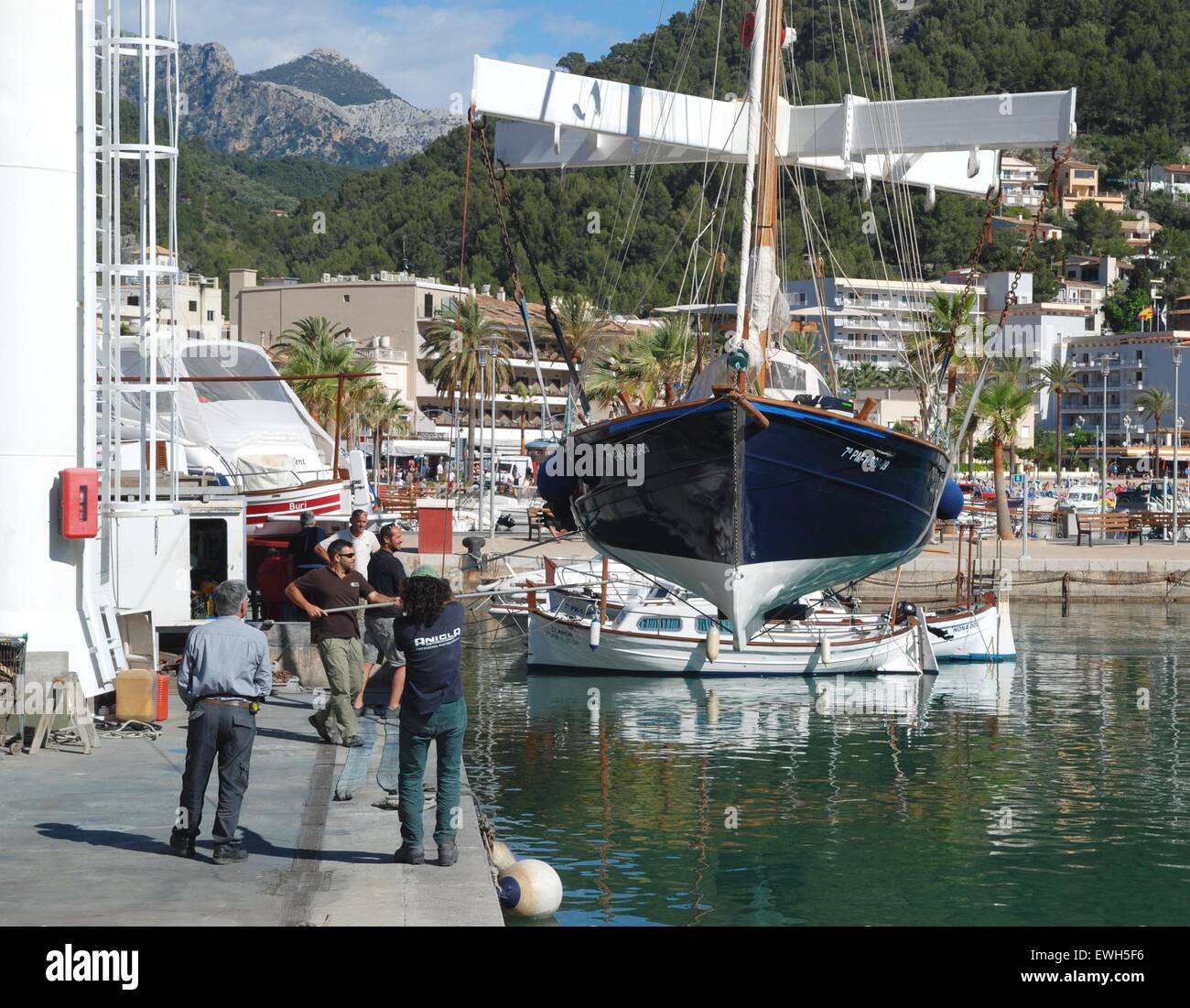 Boat launch. Launching a boat into the water from a rig, Mallorca, Spain Stock Photo